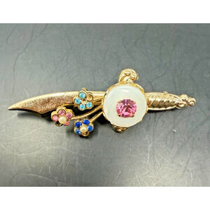 Vintage Gold Tone Floral Sword Brooch Rhinestones Faux Pearl Pin Incomplete